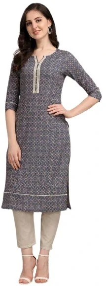 Buy Blue Round Neck Solid Kurta With Grey Pants Online - W for Woman