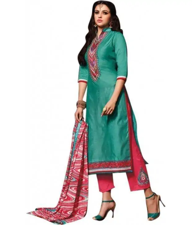 Green Color Chanderi Cotton Salwar Kameez Ladies Suit Dress